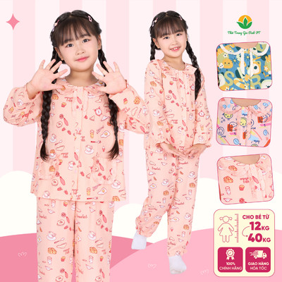 Bộ pijama bé gái Việt Thắng chất lanh quần dài áo dài tay họa tiết xinh xắn B70.5140