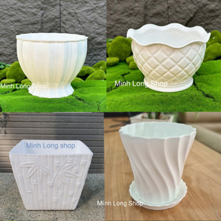 (Nhiều Mẫu) Size Vừa - Chậu Để Bàn Trồng Hoa Nhựa Dày Đẹp Màu Trắng