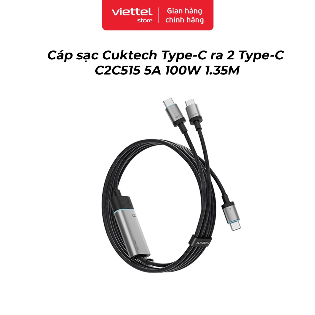 Cáp sạc Cuktech Type-C ra 2 Type-C C2C515 5A 100W 1.35M Chính hãng | Hỗ Trợ Sạc Nhanh PD 100W | Tự Đ