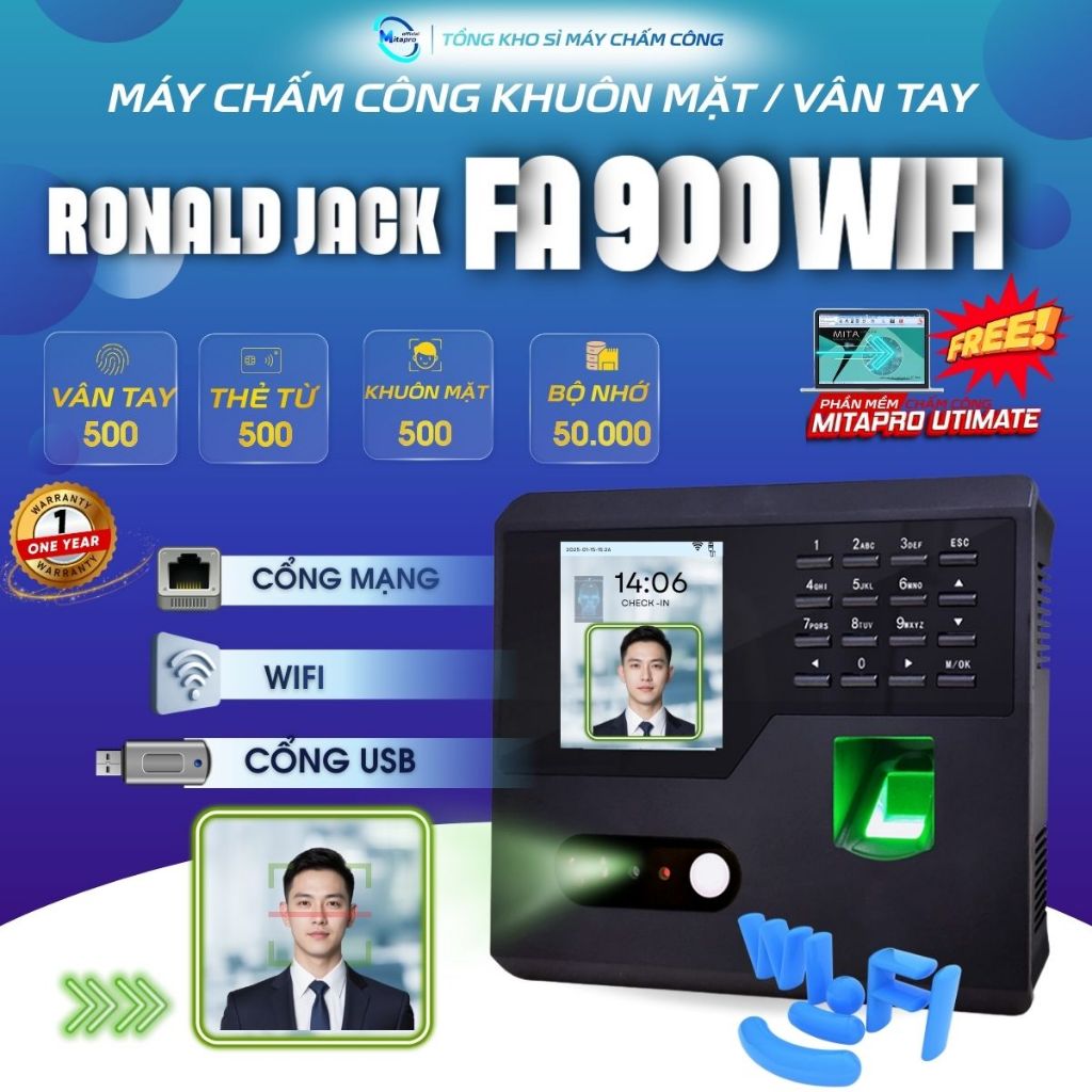 [FA900 wifi] Máy chấm công khuôn mặt có kết nối wifi/ sử dụng đơn giản/ có tặng kèm Phần mềm chấm cô