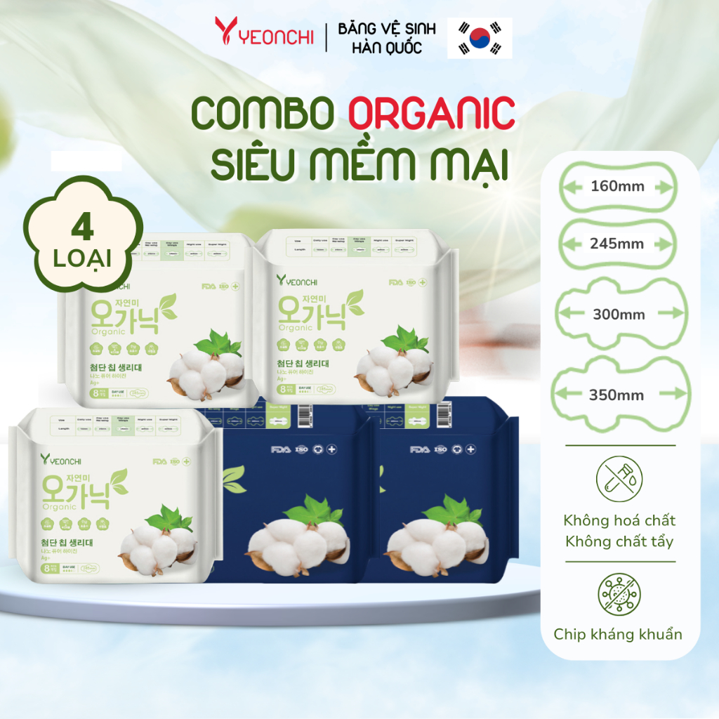 Băng vệ sinh Yeonchi Organic cao cấp Hàn Quốc siêu mềm siêu mỏng với Ag+ kháng khuẩn dành cho phụ nữ