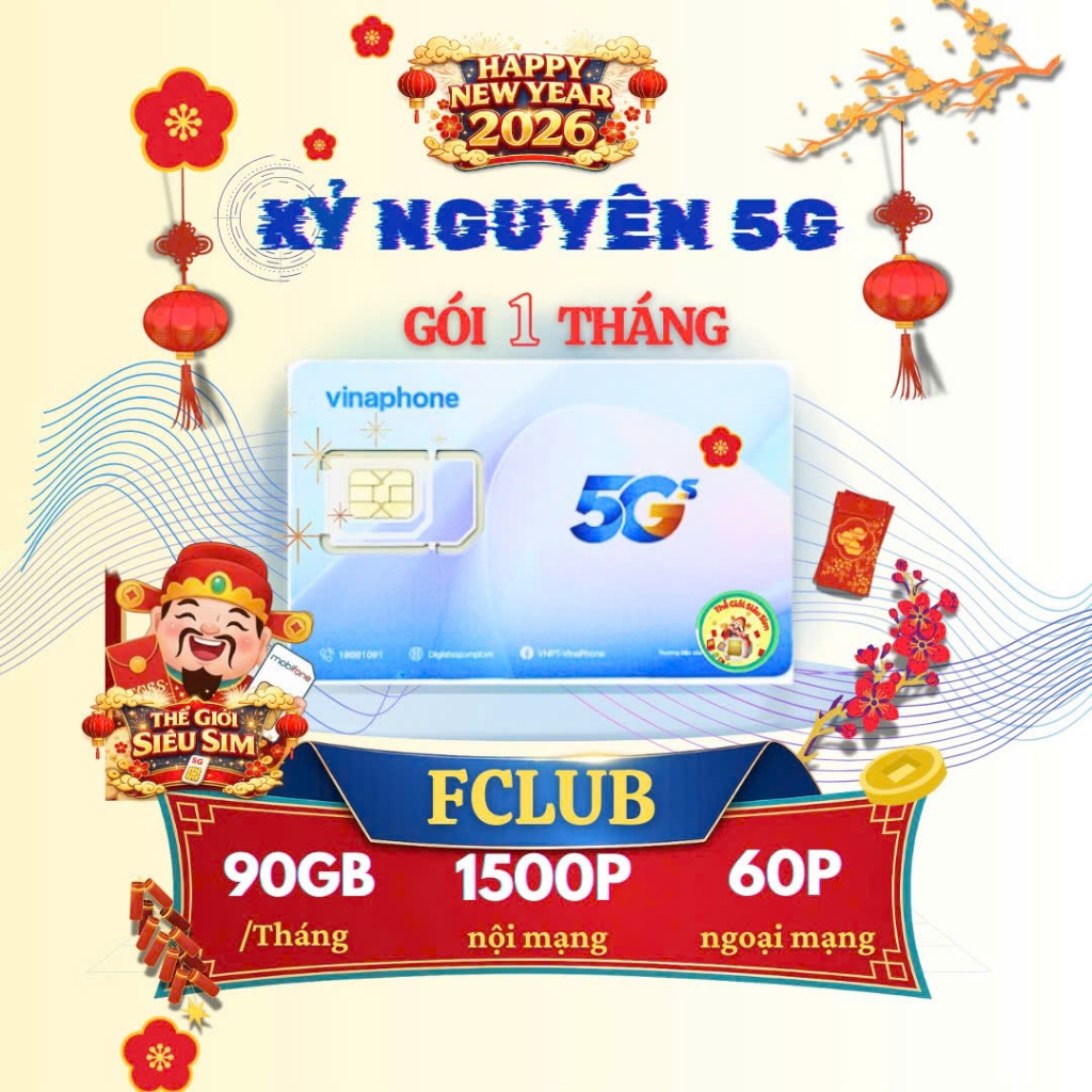 [Tặng tháng đầu] Gói FCLUB- 90gb/Tháng - Miễn phí Tháng đầu Sử Dụng – Sim Data 4G 5G FCLUB vinaphone