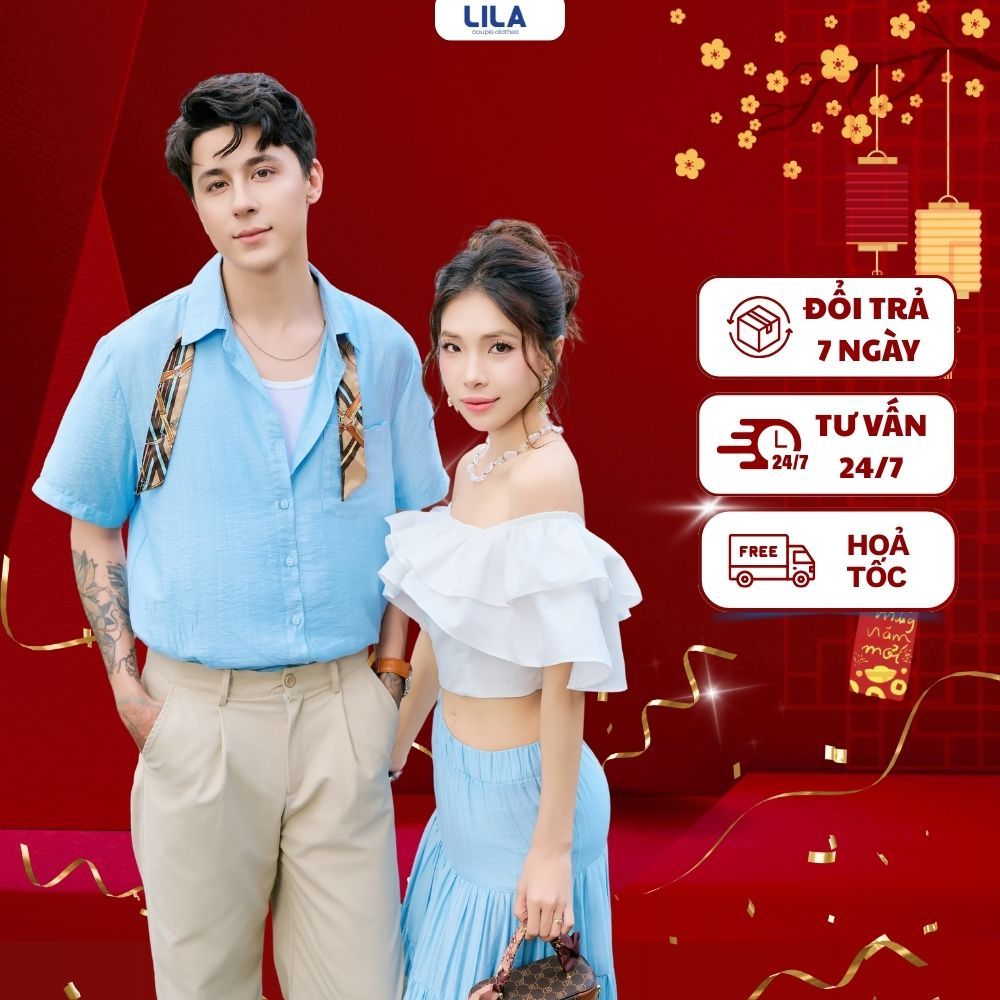Set đồ biển đôi nam nữ set couple với người yêu áo sơ mi  nam + đầm maxi xòe áo trễ vai nữ thương hi
