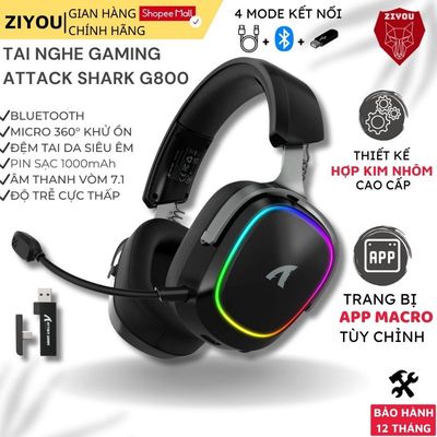 Tai Nghe Gaming Không Dây Attack Shark G800 LED RGB, Mic AI Chống Ồn, Driver 50mm, 4 Mode, Âm Vòm 3D