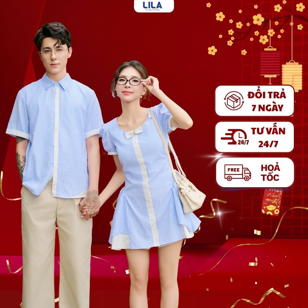 Set đồ biển đôi nam nữ set couple với người yêu áo sơ mi oxford kẻ sọc nam + đầm xòe nữ thương hiệu 