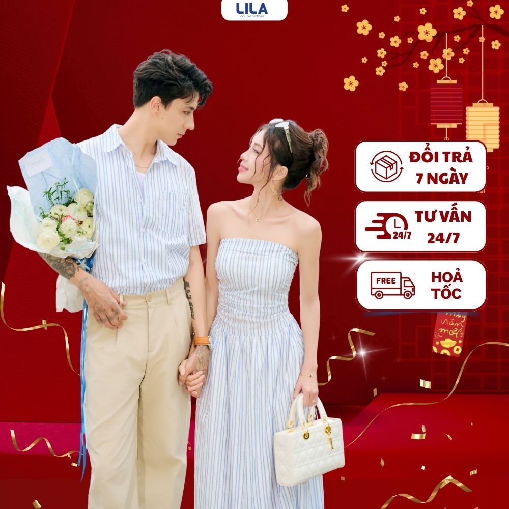 Set đồ biển đôi nam nữ set couple với người yêu áo sơ mi oxford nam + đầm maxi nữ thương hiệu LILA -