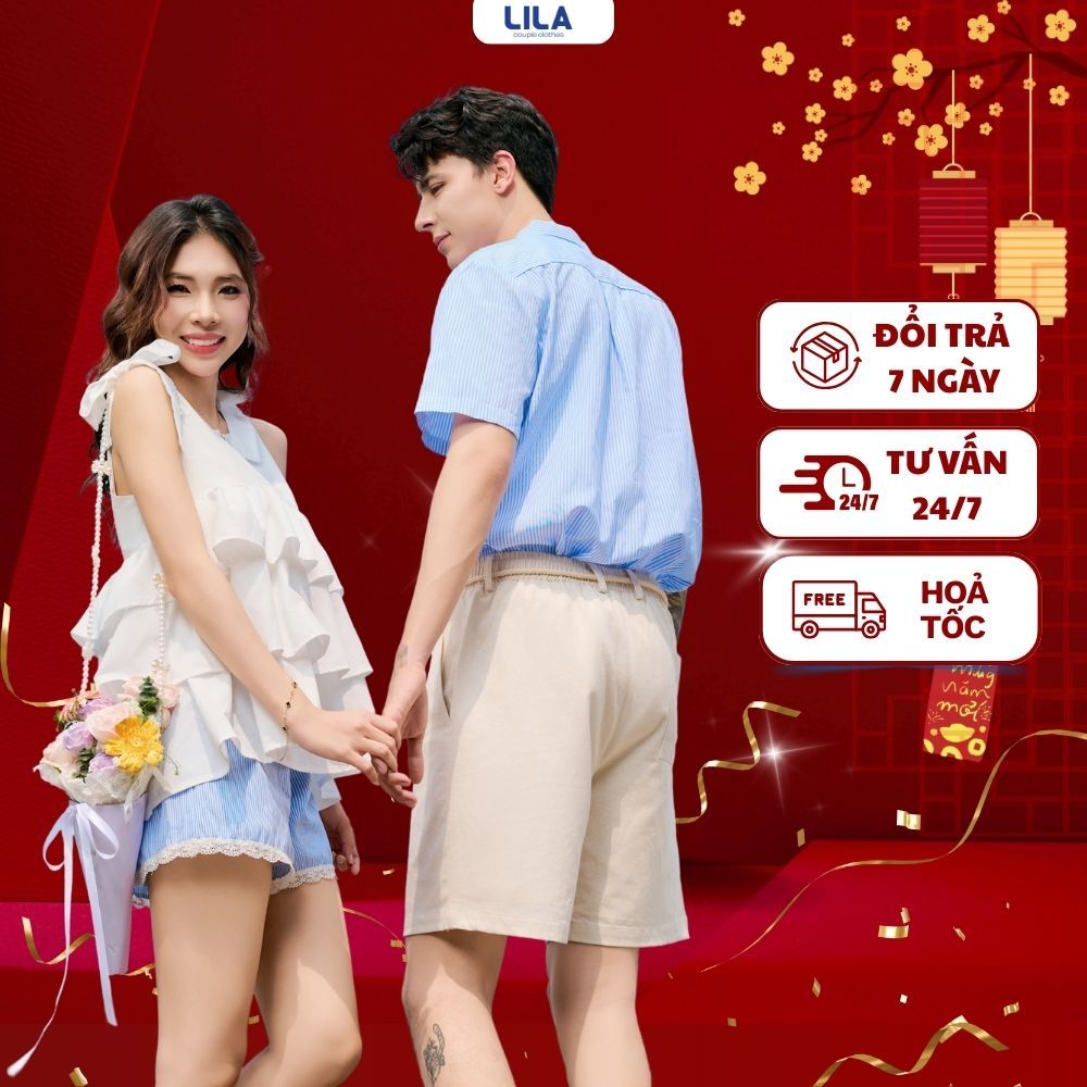 Set đồ đôi nam nữ với người yêu áo couple sơ mi nam kẻ sọc áo 2 dây quần sooc nữ thương hiệu LILA 2 