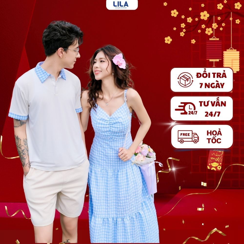 Set đồ biển đôi nam nữ set couple với người yêu áo polo nam + đầm maxi nữ thương hiệu LILA - DROSIA