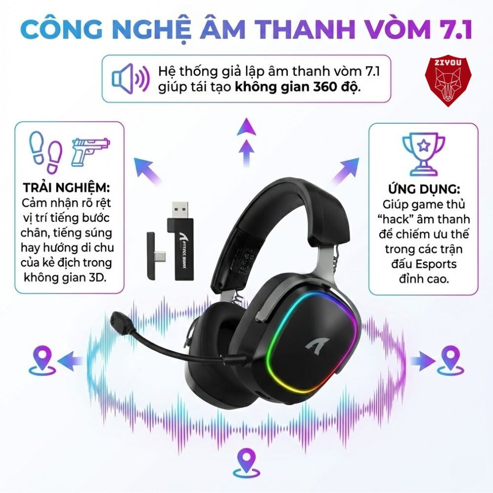 Tai Nghe Gaming Không Dây Attack Shark G800 LED RGB, Mic AI Chống Ồn, Driver 50mm, 4 Mode, Âm Vòm 3D | BigBuy360 - bigbuy360.vn