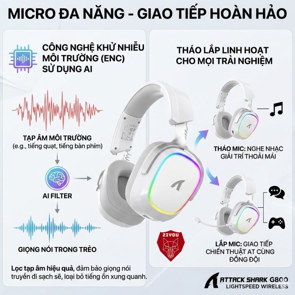 Tai Nghe Gaming Không Dây Attack Shark G800 LED RGB, Mic AI Chống Ồn, Driver 50mm, 4 Mode, Âm Vòm 3D | BigBuy360 - bigbuy360.vn