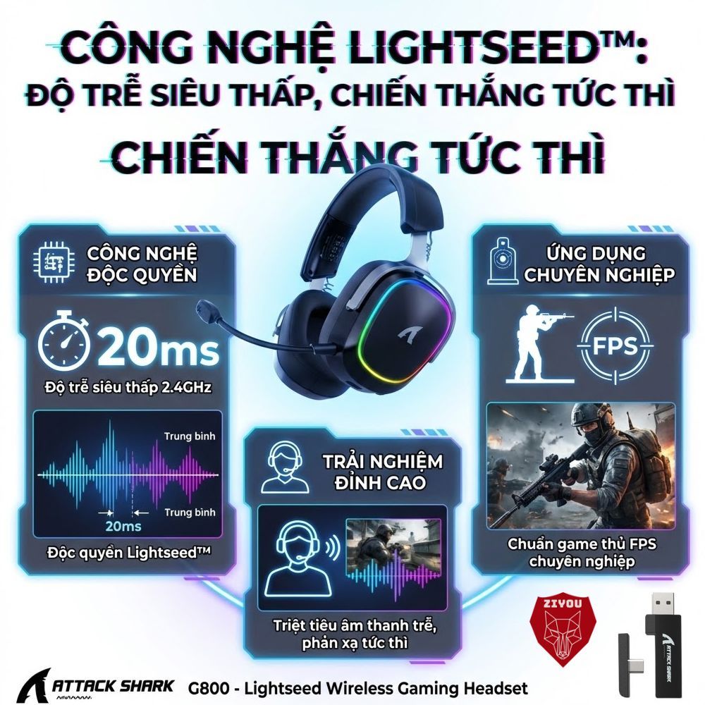 Tai Nghe Gaming Không Dây Attack Shark G800 LED RGB, Mic AI Chống Ồn, Driver 50mm, 4 Mode, Âm Vòm 3D | BigBuy360 - bigbuy360.vn