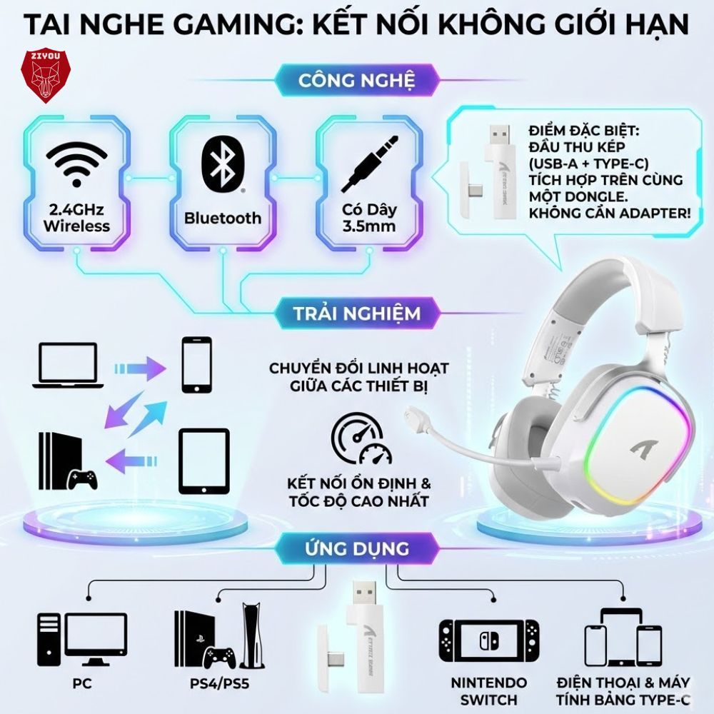 Tai Nghe Gaming Không Dây Attack Shark G800 LED RGB, Mic AI Chống Ồn, Driver 50mm, 4 Mode, Âm Vòm 3D | BigBuy360 - bigbuy360.vn