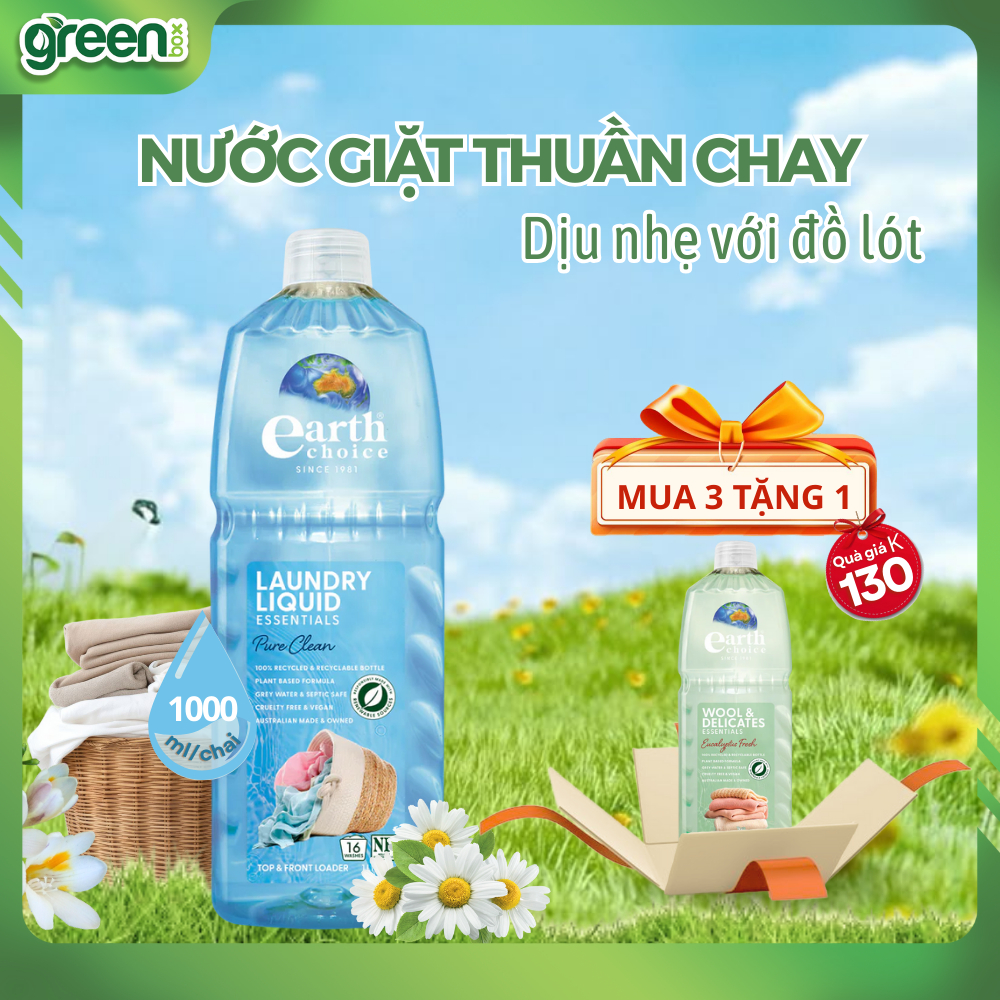 Nước giặt thuần chay dịu nhẹ giặt sạch vết bẩn trên đồ lót và quần áo giữ bền dáng đồ Earth Choice Úc, chai x .1L