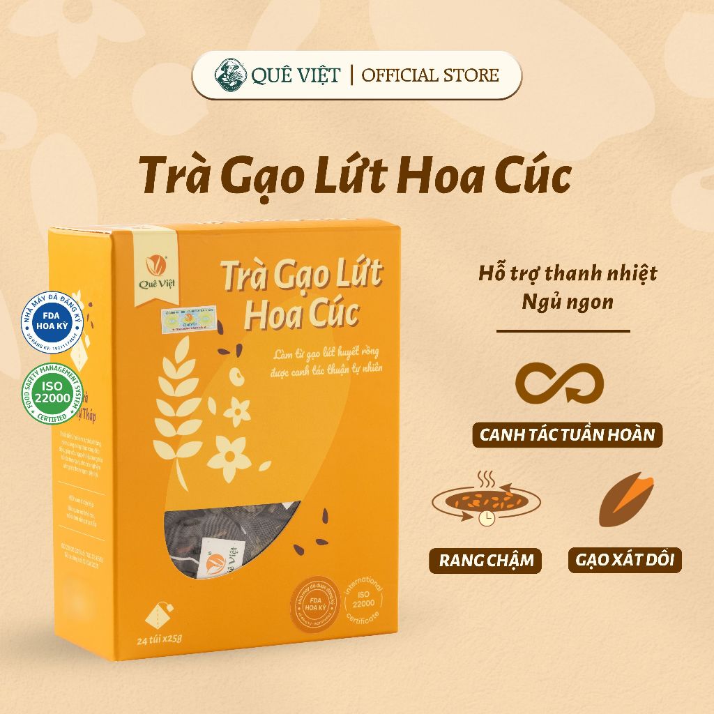 Trà gạo lứt hoa cúc Quê Việt - hộp150g (10 túi 15g),450g (30 túi 15g), 600gr (24 túi 25g)