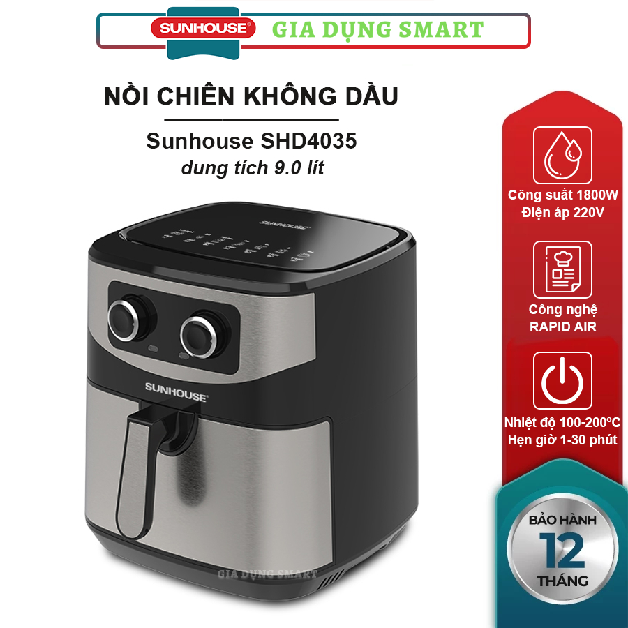 Nồi chiên không dầu 9 lít Sunhouse SHD4035 núm vặn cơ - Bảo hành sản phẩm 12 tháng