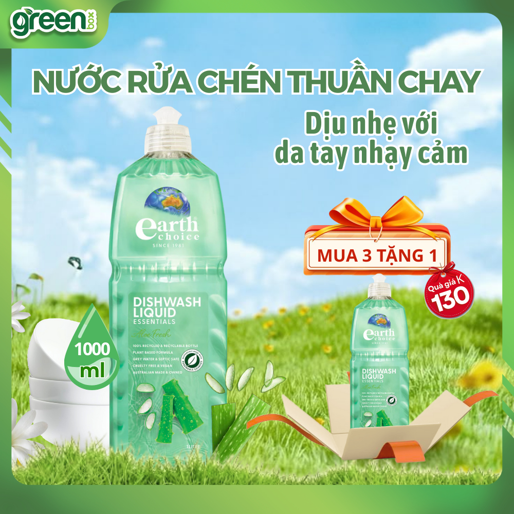 Nước rửa chén thuần chay hương nha đam rửa sạch vết dầu mỡ cặn bẩn dịu nhẹ cho da tay Earth Choice Úc, chai 1000ml