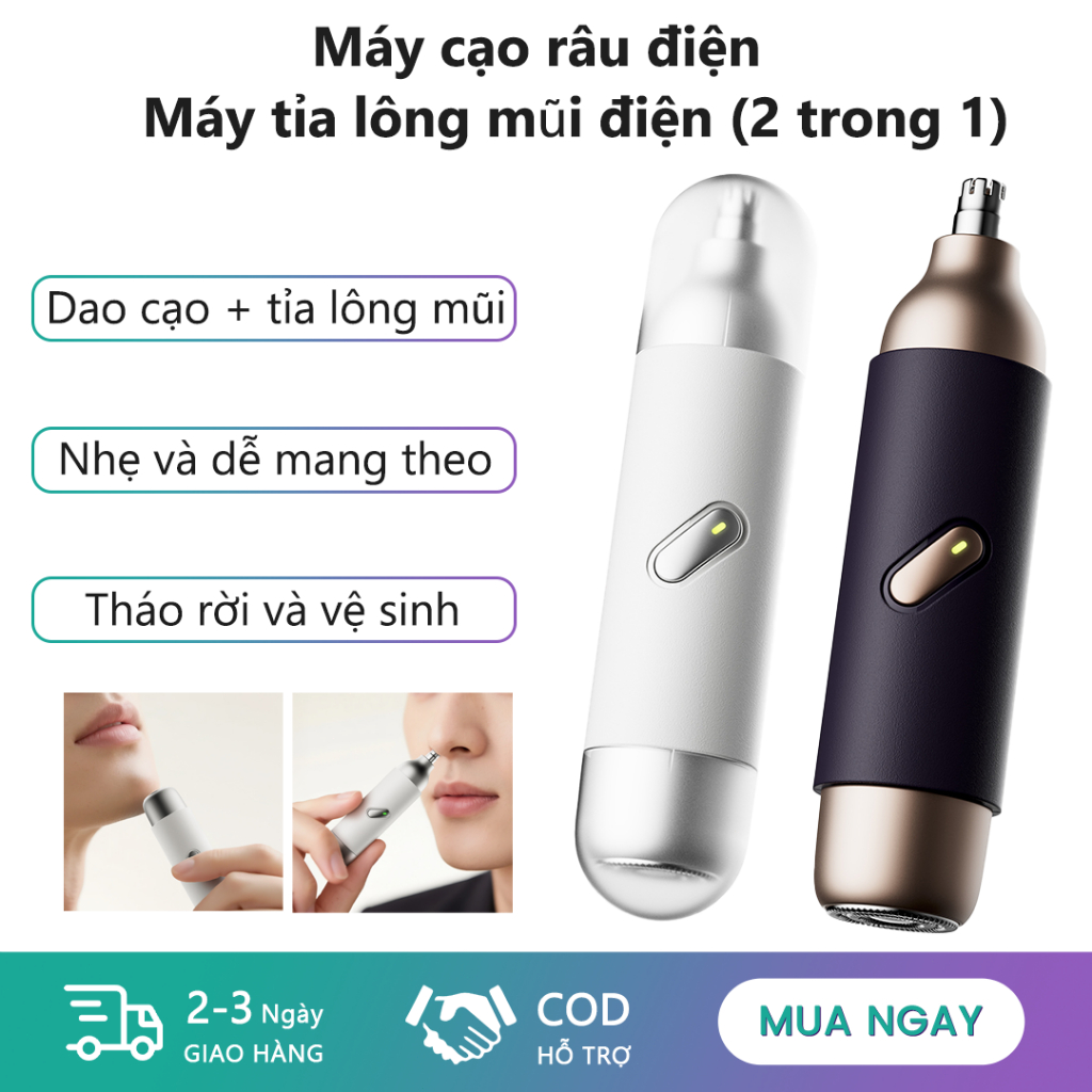 Máy tỉa lông mũi và cạo râu điện 2 trong 1, có thể giặt được, di động, tuổi thọ pin dài và bền.