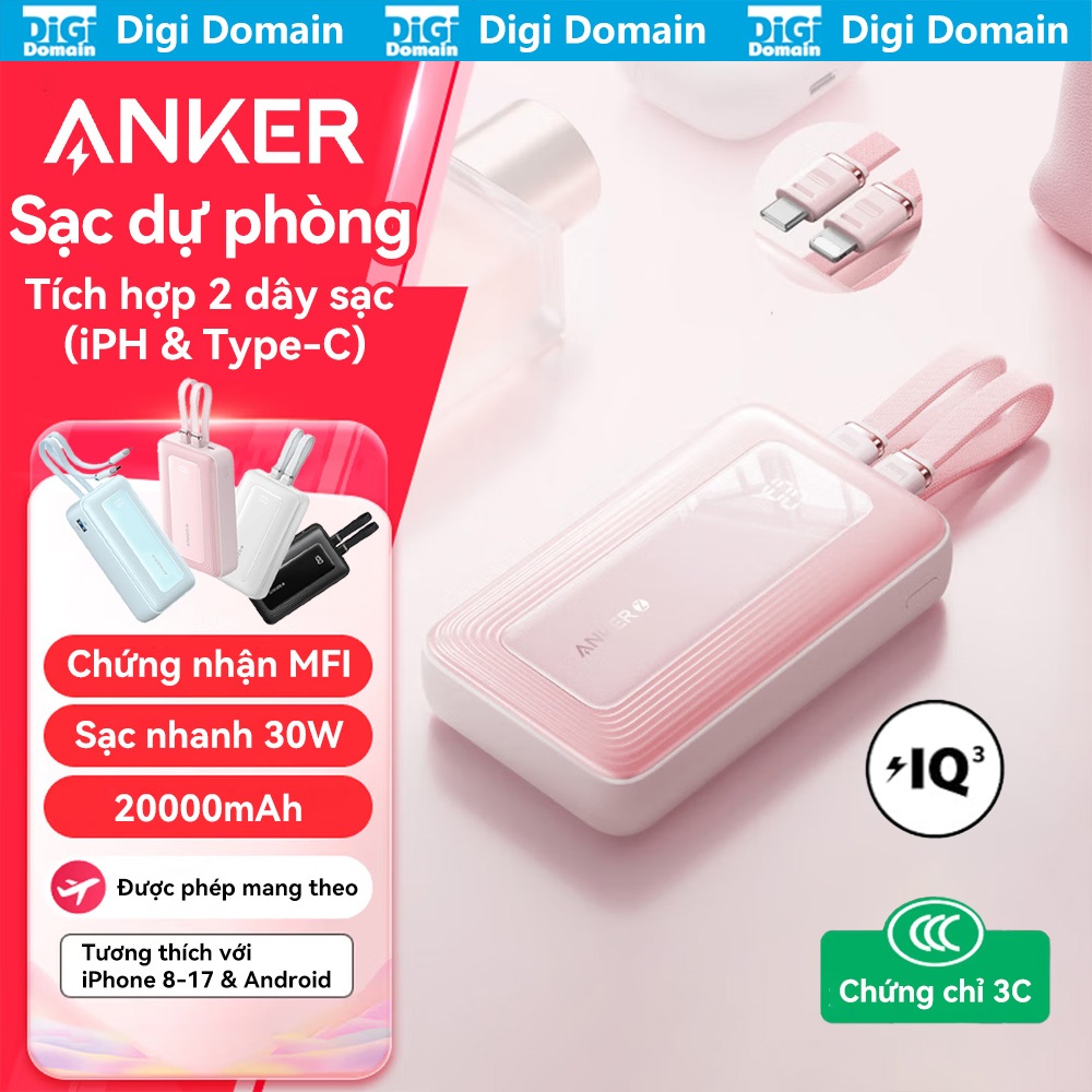 ANKER Sạc dự phòng tích hợp 2 dây sạc  (iPH & Type-C) 20000 mAh Sạc nhanh 30W Pin dự phòng Sản phẩm 