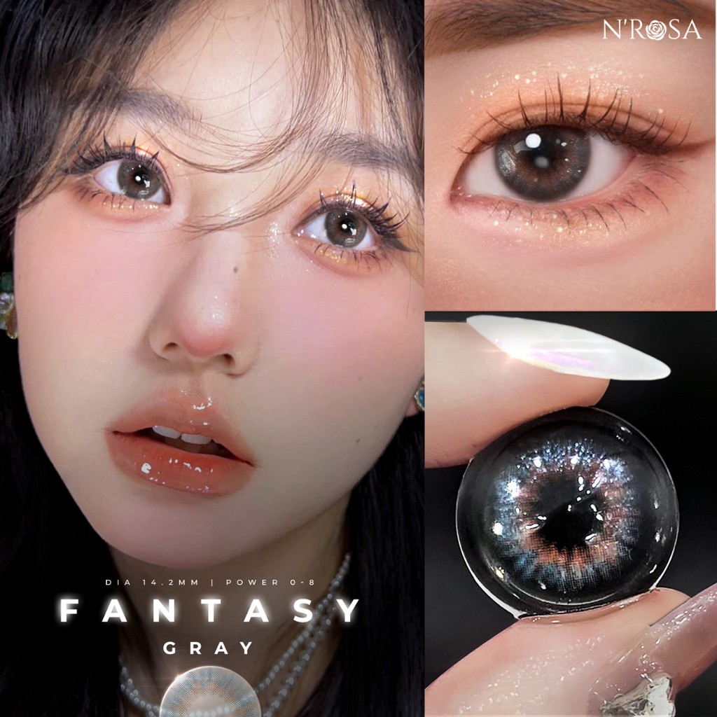 FANTASY- Lens xám nhũ bling bling giãn vừa 14.2mm, Kính áp tròng xám ngọc trai dòng cao cấp Nrosa nh
