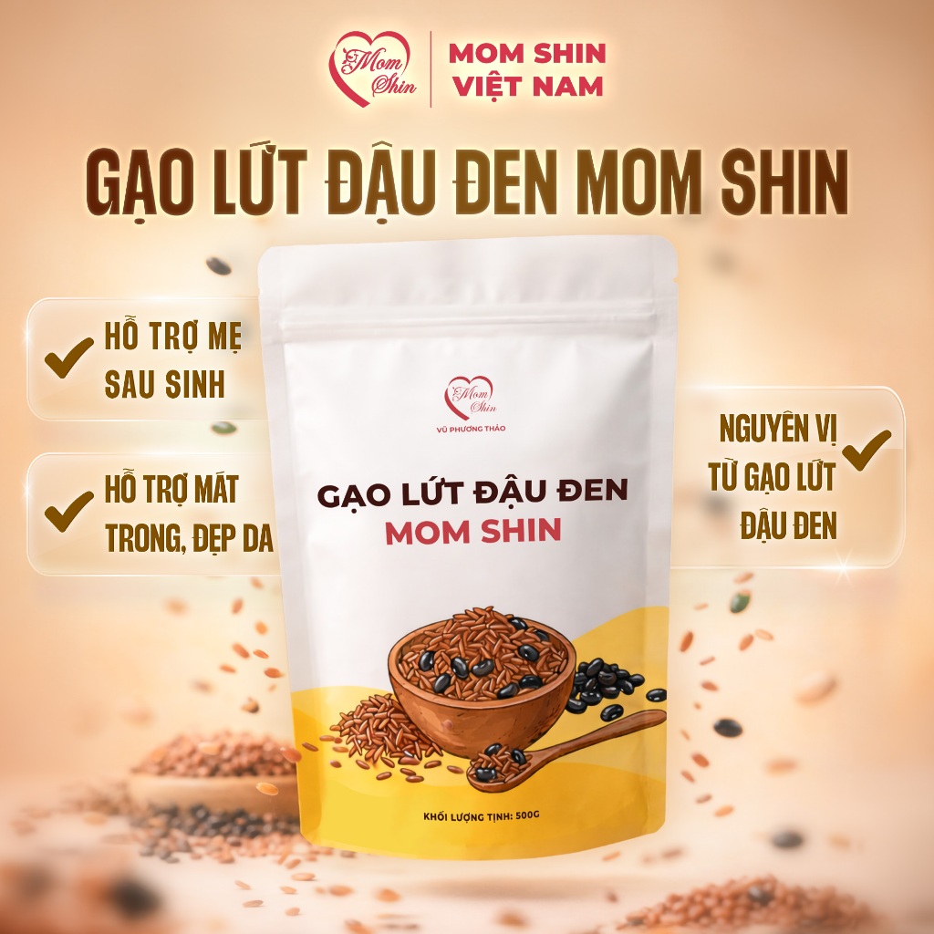 Gạo Lứt Đậu Đen MOM SHIN, Rang Sẵn, Hỗ Trợ Lợi Sữa, Thanh Mát Cơ Thể, Túi 500g