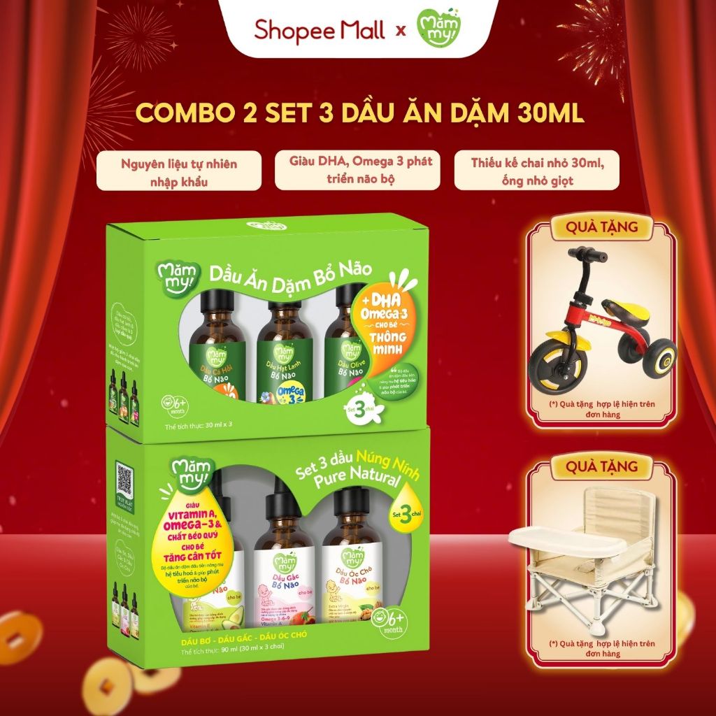 Combo 2 set 3 dầu ăn dặm Mămmy dầu olive, cá hồi, hạt lanh, óc chó, bơ, gấc đỏ cho bé 6 tháng, 30ml