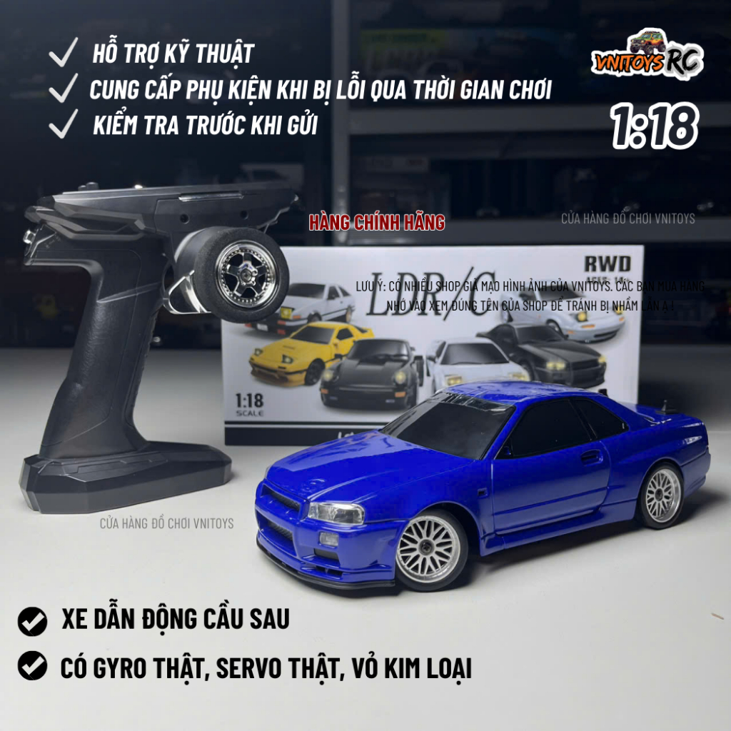Xe Drift Điều Khiển Từ Xa VNITOYS LD1899 1898 Nissan GT-R R34 – Hợp Kim,servo,Gyro Cân Bằng,1/16