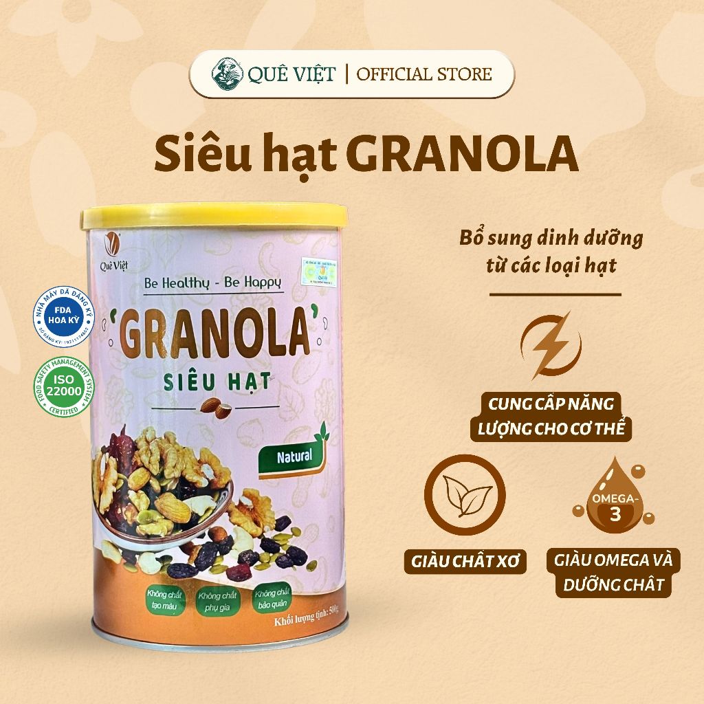 Granola siêu hạt ngũ cốc ăn kiêng Quê Việt, nguyên liệu hữu cơ - 1 hộp x 500g