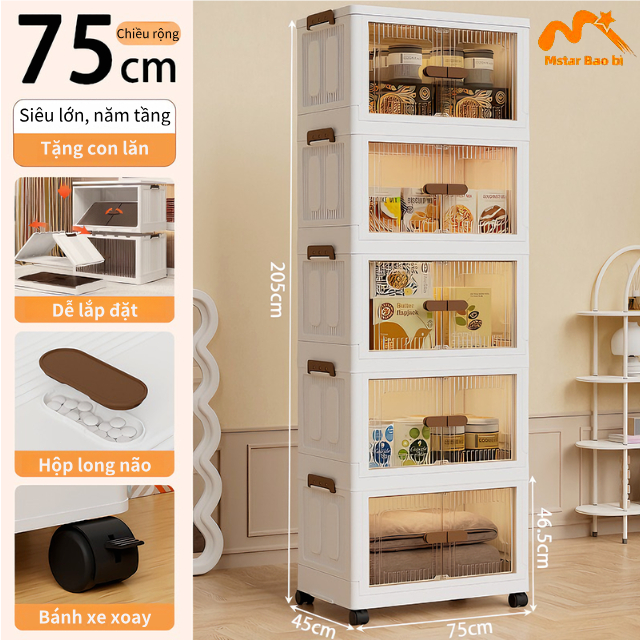 Tủ lưu trữ gấp 5 tầng siêu lớn, tủ đa năng có bánh xe, thích hợp cho phòng, phòng khách và khách sạn