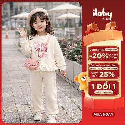 Set nỉ bé gái ILABY đồ bộ thu đông thời trang cho bé gái mặc đi chơi, áo sweatshirt bèo nhún size đại 9-40kg [3355]