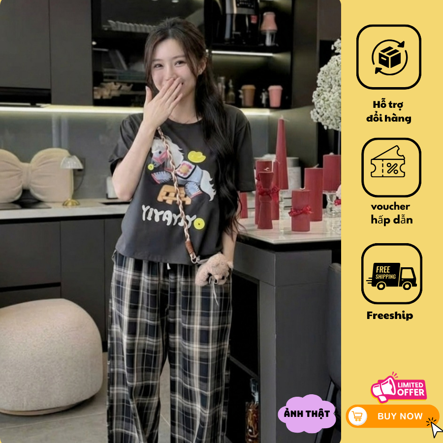 Bộ Đồ Nữ Hàn Quốc Set Áo Phông Cộc Tay Đen Mix Quần Dài Caro Đen Trắng, Set Đồ Unisex  [SB1]