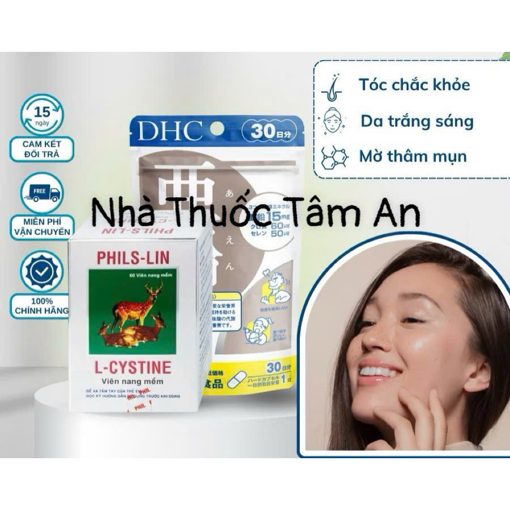 Combo viên uống L-Cystine 500mg và Kẽm DHC Zinc giảm mụn sáng da ngăn rụng tóc hiệu quả