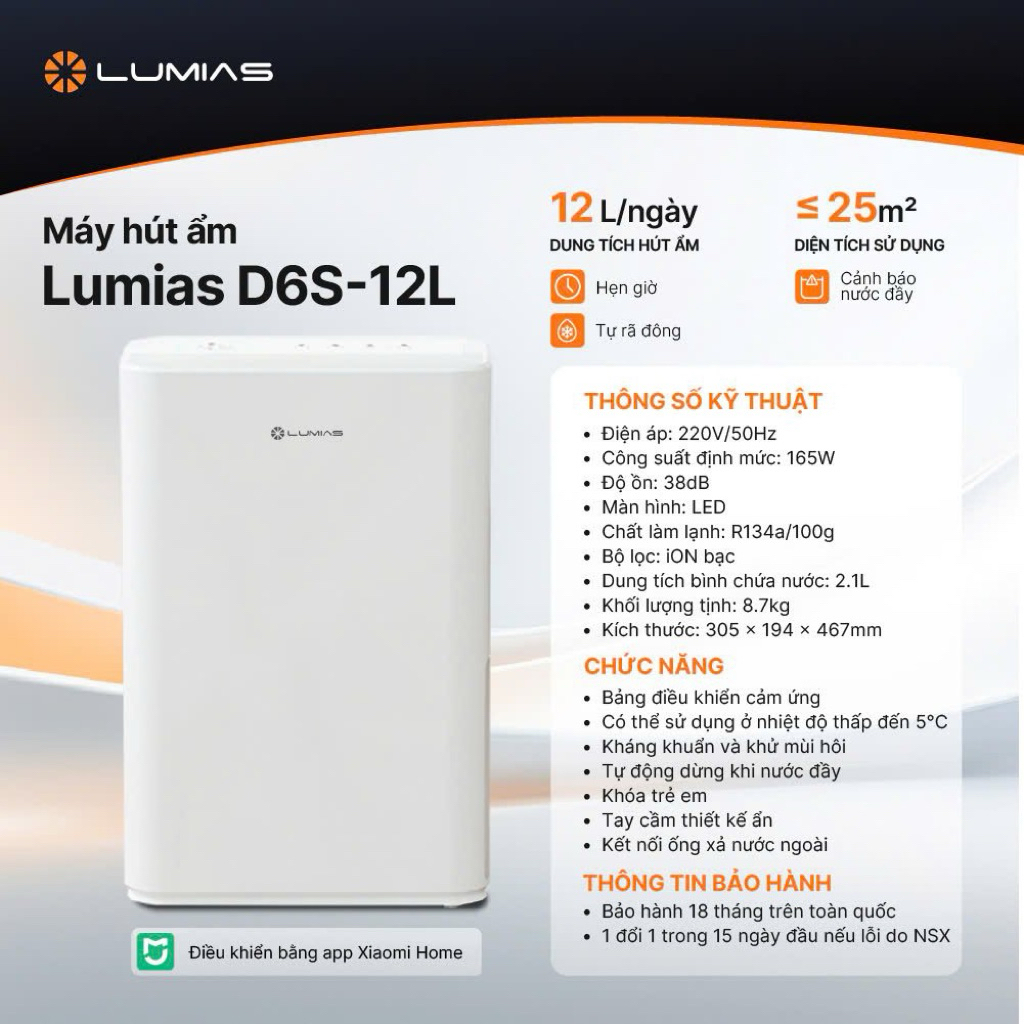 Máy hút ẩm Lumias D6s 12 lit , dùng app Mihome