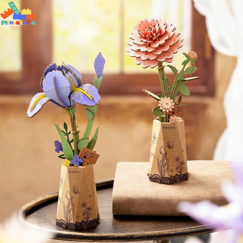 Mô hình hoa gỗ tự lắp ghép 3D DIY Robotime Rowood | Pink Dahlia Purple Iris | Wooden Flower Puzzle T