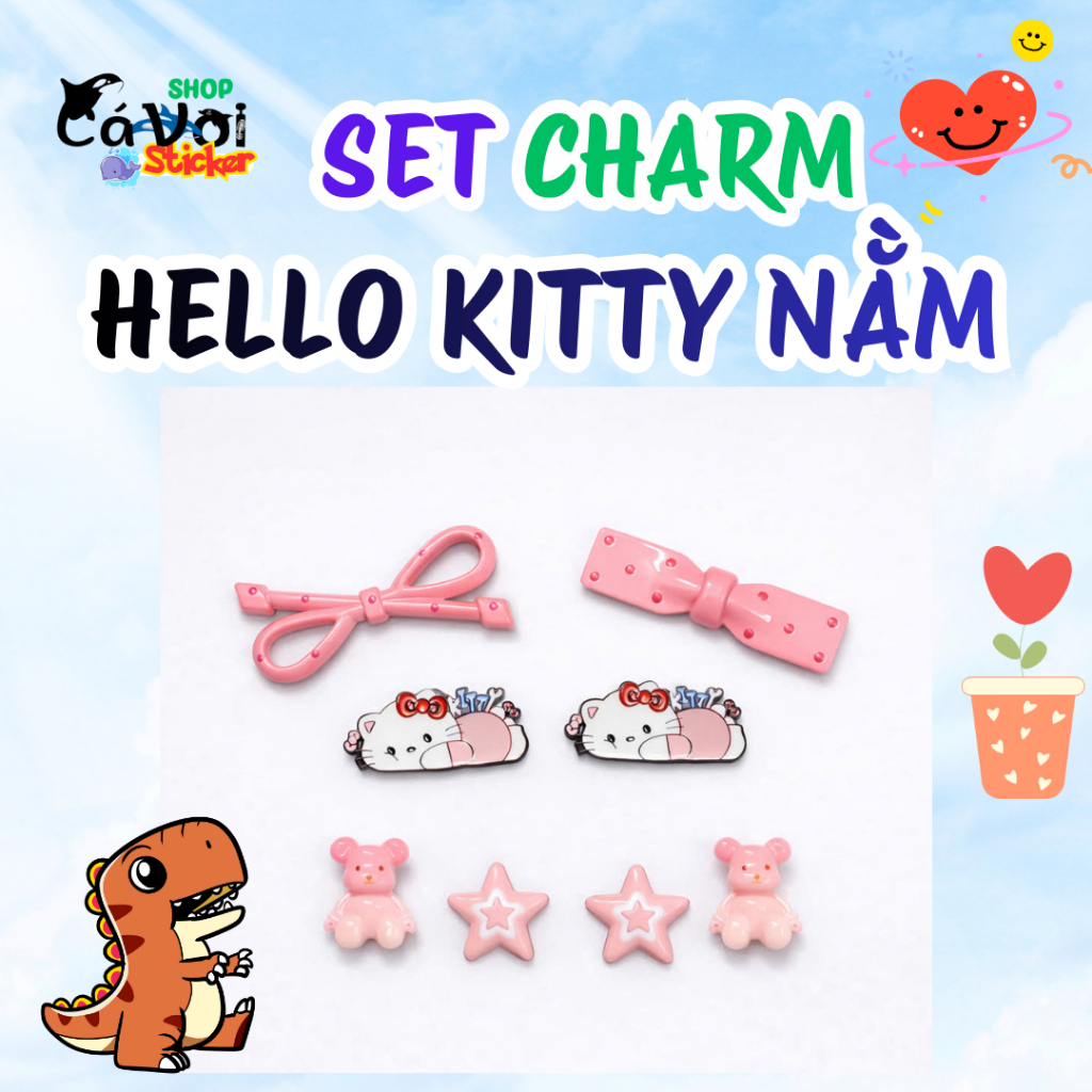 Charm Hello Kitty nằm- Tone màu hồng siu đáng yêu- Set charm gắn dép 8 món - Charm nơ hồng- gấu hồng