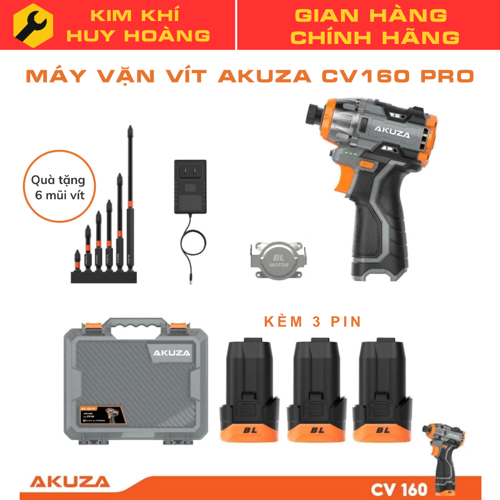 (BẢN NÂNG CẤP) Máy Vặn Vít Pin Akuza CV160 PRO Akuza Lực siết 160N.m - Nhỏ Gọn - Cực Khỏe, Không Chổ