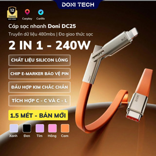 Cáp Sạc Nhanh 240W 2in1 Dạng Dẹt Doni DC25 Silicon C & L Chip E Marker Cho Phone 8-17 Samsung Xiaomi