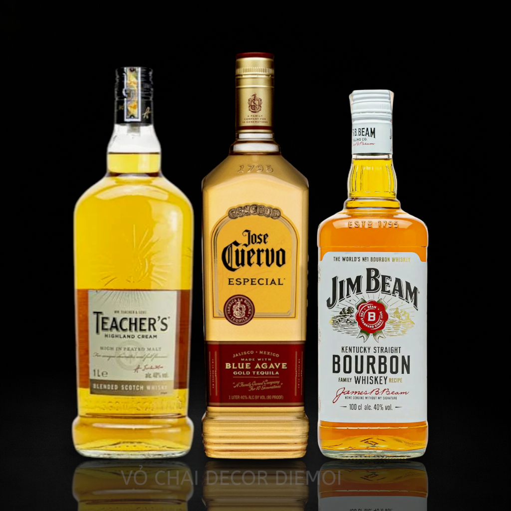 [ DIEMOI ] Combo 3 Vỏ Chai Rượu Ngoại 1L – Teacher’s, Cuervo, Jim Beam | Decor – Sưu Tầm – Trưng Bày