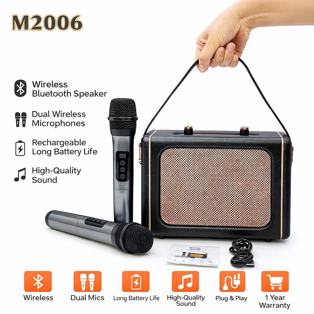 Loa Bluetooth karaoke M2006 kèm với 2 micro không dâychính hãng thiết kế nhỏ gọn