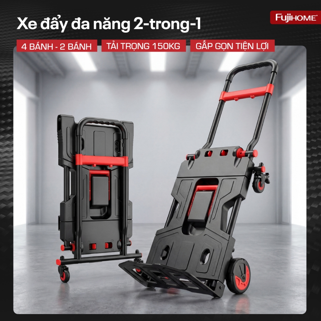 Xe đẩy hàng 4 bánh tải trọng 150kg xếp gọn Fujihome FTM-150, xe kéo hàng 2 bánh đa năng 2 trong 1 gấ