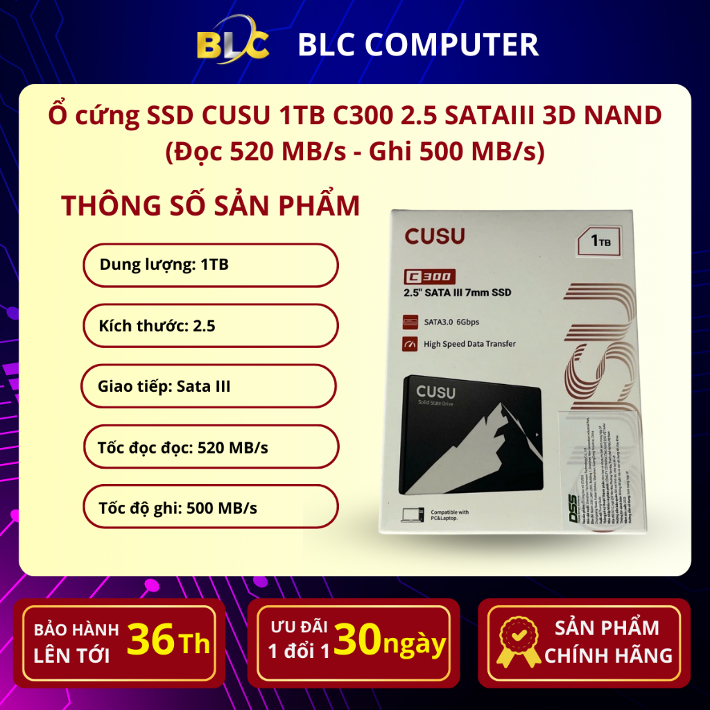 Ổ cứng SSD CUSU 1TB C300 2.5 SATAIII 3D NAND (Đọc 520 MB/s - Ghi 500 MB/s)