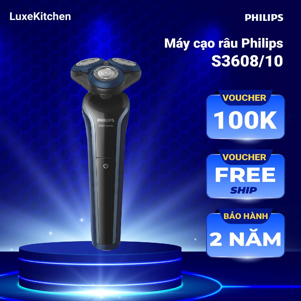[HỎA TỐC] Máy Cạo Râu Khô và Ướt Philips S3608, Đầu Cạo Linh Hoạt 360 độ, Bảo Hành 2 Năm