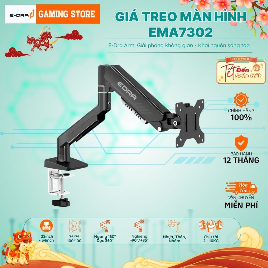 Giá Đỡ Tay Treo Màn Hình Arm EMA7302 PISTON KHÍ Màn 22-34inch,kẹp bàn, chuẩn VESA Bảo hànhChính Hãng