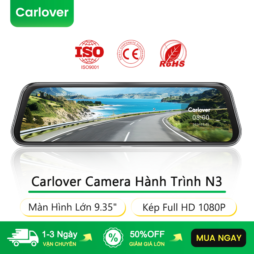 Carlover Camera Hành Trình N3 Màn Hình Lớn 9.35" Kép Full HD 1080P Dashcam Camera Hành Trình ô Tô