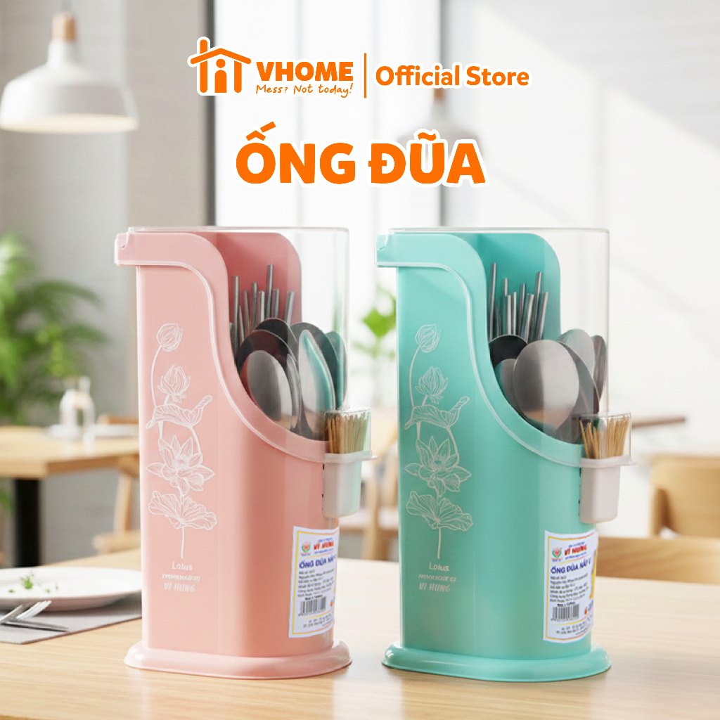 Ống Đựng Đũa Nắp U - Vĩ Hưng, Thiết Kế 2 Ngăn Có Nắp Đậy, Tích Hợp Ống Tăm, Nhựa An Toàn