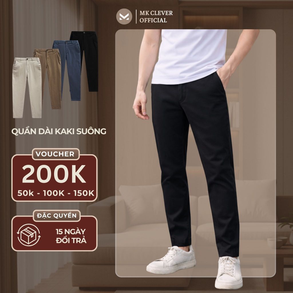 Quần kaki nam MK CLEVER dài basic ống suông Chất Kaki mềm mịn, lưng thun co giãn, form chuẩn