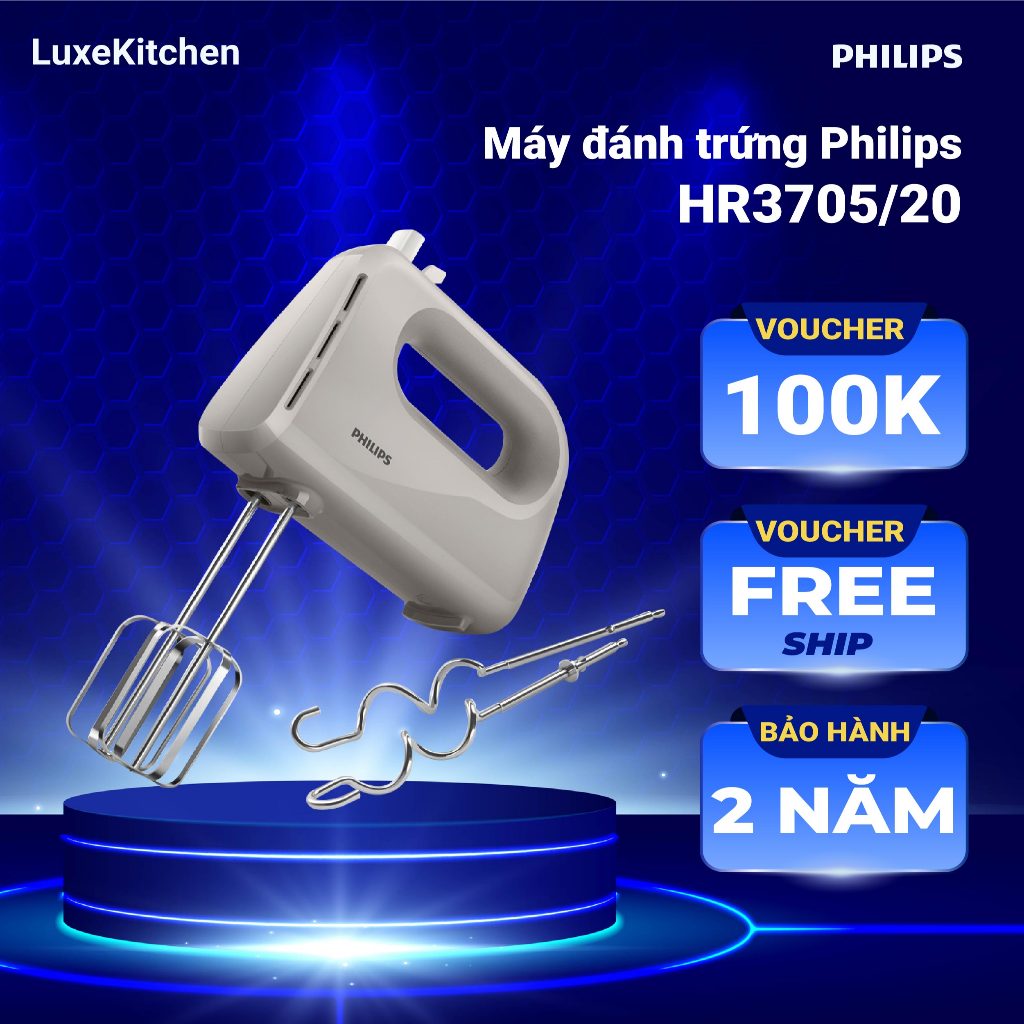 Máy đánh trứng, trộn bột cầm tay Philips HR3705, công suất 300W, 5 tốc độ, bảo hành 2 năm