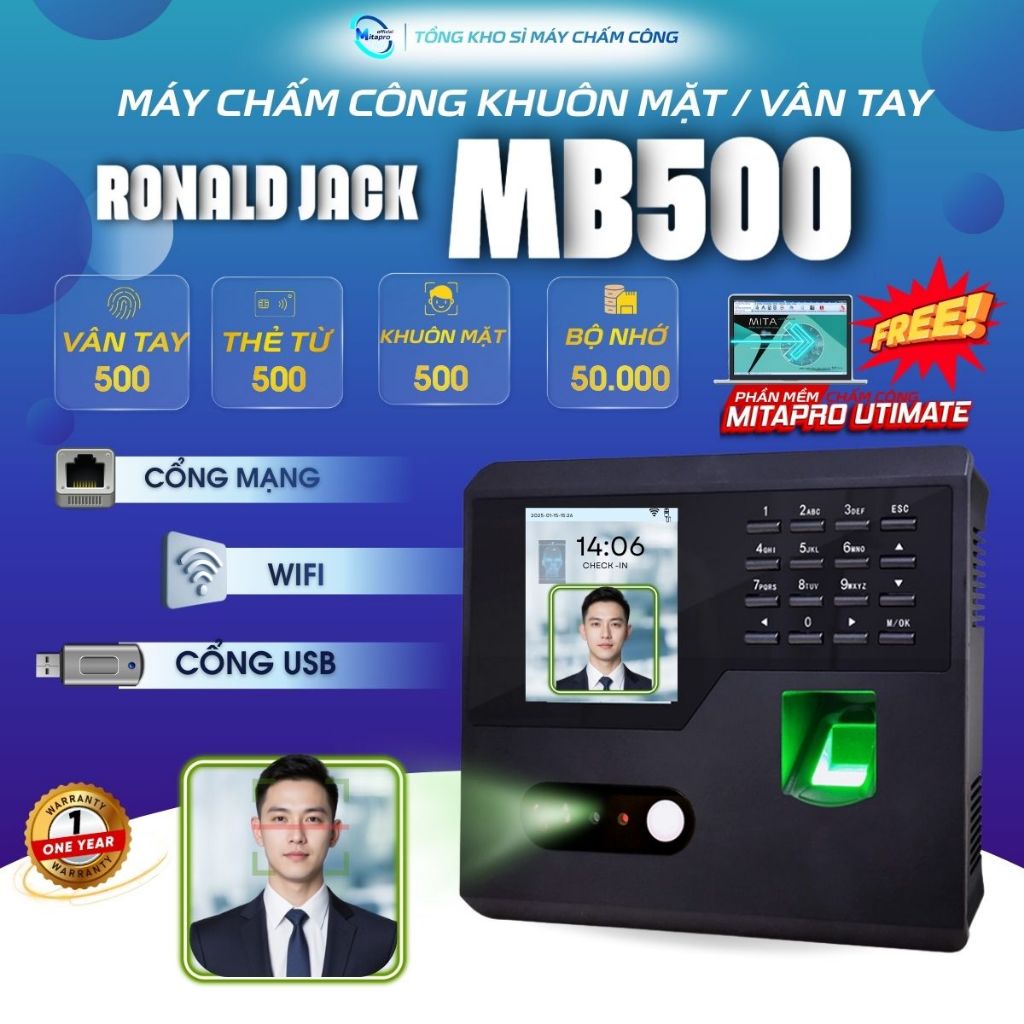 MB500 Máy chấm công khuôn mặt /vân tay/  kết nối wifi nhanh/ tặng kèm phần mềm chấm công  mới nhất /