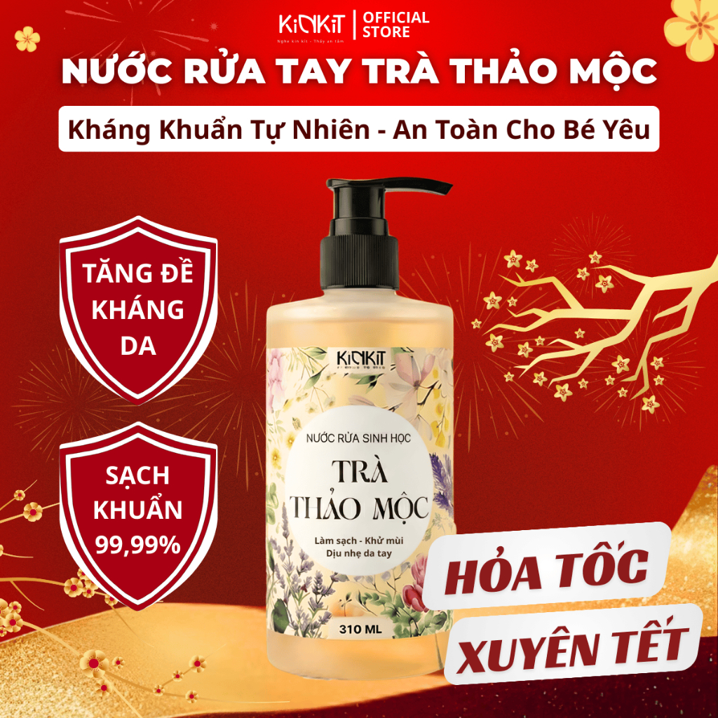 Nước Rửa Tay Hữu Cơ Trà Thảo Mộc KinKít Diệt Khuẩn, Khử Mùi, Dưỡng Ẩm Da Tay, An Toàn Cho Bé 310ML