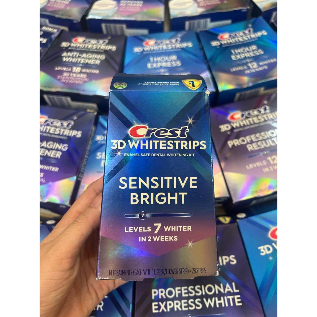 Dán Trắng Răng Crest 3D WhiteStrips sensitive bright levels 7 whiter in 2 weeks