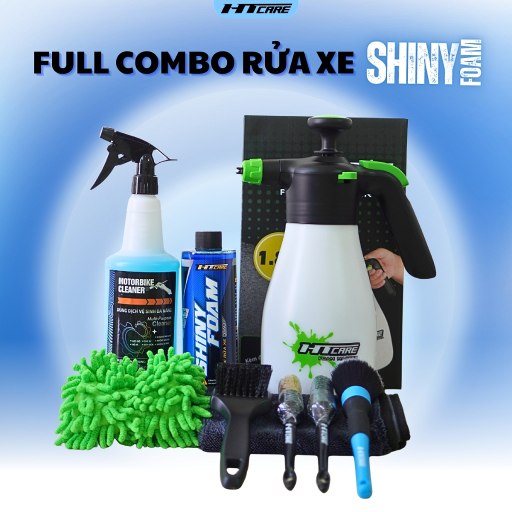 COMBO chăm sóc xe SHINY FOAM với bình bọt tuyết FOAM MASTER HTCARE rửa xe tại nhà dùng cho Ô Tô & Xe